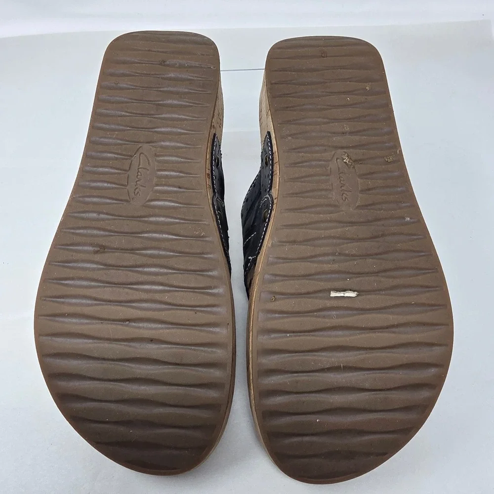 Clarks Artisan Wedge Sandals Women 9 Black Leather Cork Platform Flip Flop 18289